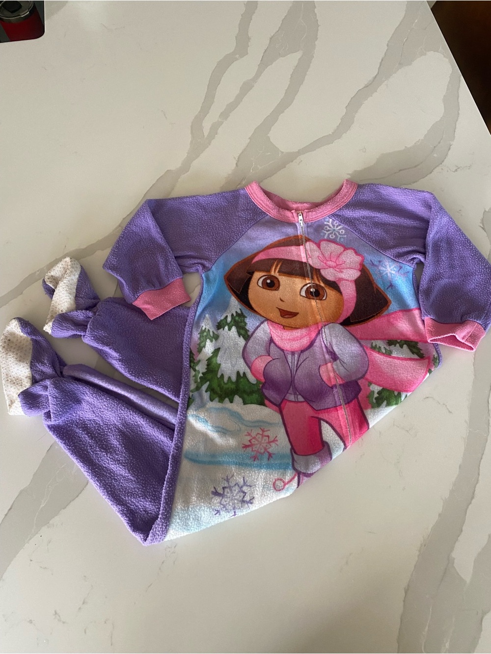 Y2K Nickelodeon Dora the Explorer Girls Fleece Footed Zip Sleeper Pajamas 4T